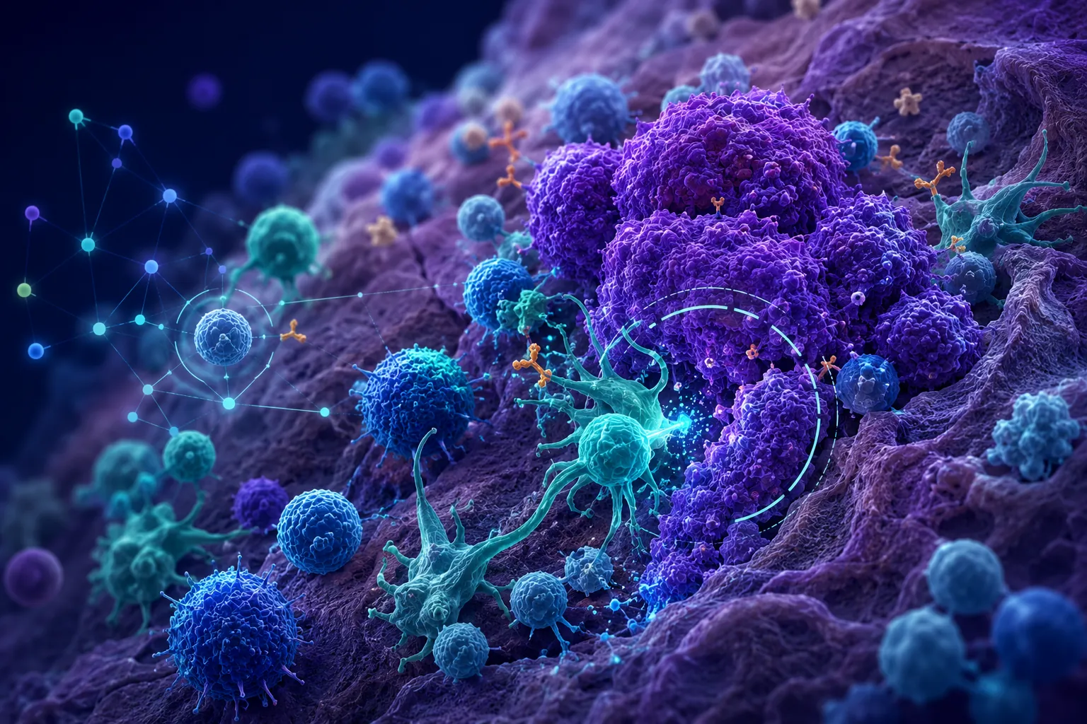 Immune and tumor-like cellular structures with network overlays