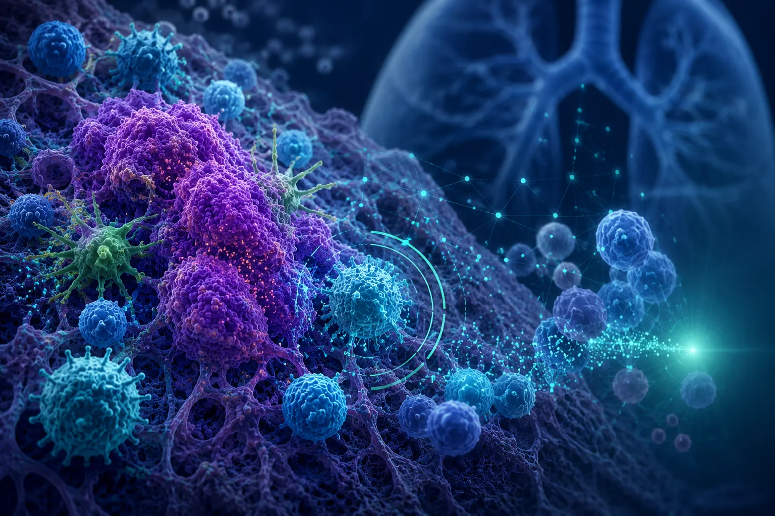 Inflammatory cellular environment set against a lung silhouette